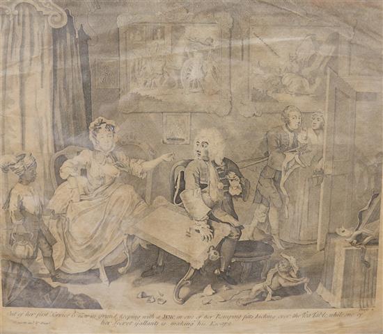 After William Hogarth, The Harlots Progress, a set of six engravings, 34 x 39cm